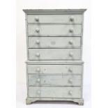 Duck egg blue painted wood miniature tallboy with seven drawers, on bracket feet, 59cm high