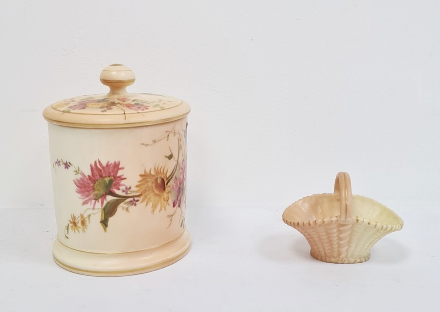 Royal Worcester blush ivory ground cylindrical biscuit barrel and cover, printed puce marks, date