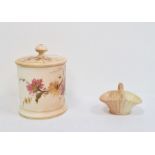 Royal Worcester blush ivory ground cylindrical biscuit barrel and cover, printed puce marks, date