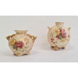 Two Royal Worcester blush ivory ground small globular two-handled posy vases, printed and painted
