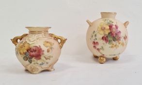 Two Royal Worcester blush ivory ground small globular two-handled posy vases, printed and painted