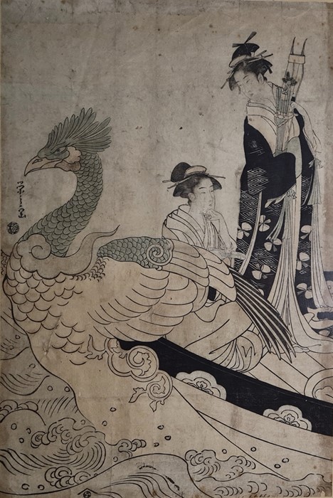 Japanese print  Figure standing with figure kneeling behind Phoenix(?), signed middle left, 36cm x