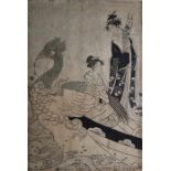Japanese print  Figure standing with figure kneeling behind Phoenix(?), signed middle left, 36cm x