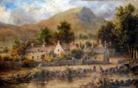 19th century school Oil on canvas  Houses by river, unsigned, 30.5cm x 45.5cm