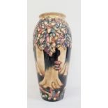 Moorcroft pottery tall vase with tube-lined woodland decoration of oak trees and mushrooms, 36cm