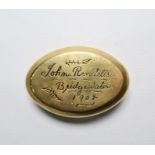 Early 20th century miner's brass snuff box, engraved 'John Rendells, Bridgewater 1902'