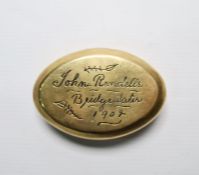 Early 20th century miner's brass snuff box, engraved 'John Rendells, Bridgewater 1902'