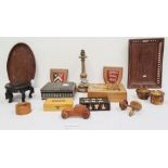 Wooden boxes, Oriental porcelain wooden stands, various shields, a porcupine coil box, an Anglo-