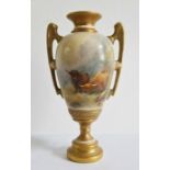 Royal Worcester miniature two-handled oviform vase painted by H Stinton, printed puce marks, shape