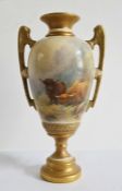 Royal Worcester miniature two-handled oviform vase painted by H Stinton, printed puce marks, shape