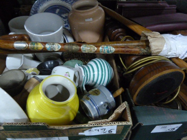 Various ceramics, collectables, two walking sticks, a wooden table lamp, Gibbons Stamp Monthly 1964,