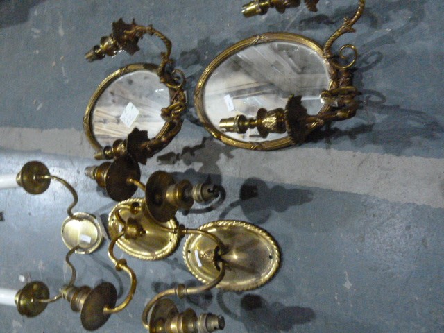 Three various gilt-framed mirrors, a pair of brass mirrored electric light sconces, a another pair - Image 2 of 3