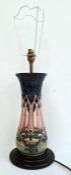 Moorcroft pottery table lamp, tall baluster pattern, in Cluny design, on stepped wooden base, 33cm