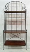 20th century iron-framed open shelving unit of four hardwood shelves, 74.5cm x 207cm