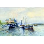 John Tuck Watercolour Fishing boats on river, signed lower right, 36cm x 53cm