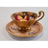 Royal Worcester fruit painted teacup and saucer by E. Townsend, printed puce and blue marks, 20th