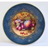 Royal Worcester powder blue ground fruit decorated plate, printed puce marks, printed date codes for