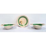 Hand-painted 'Bizarre' pattern pair of bowls and a saucer by Clarice Cliff, Stroud pattern, (3)