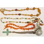 Collection of costume jewellery to include amber-coloured beads, coral necklace, white metal,