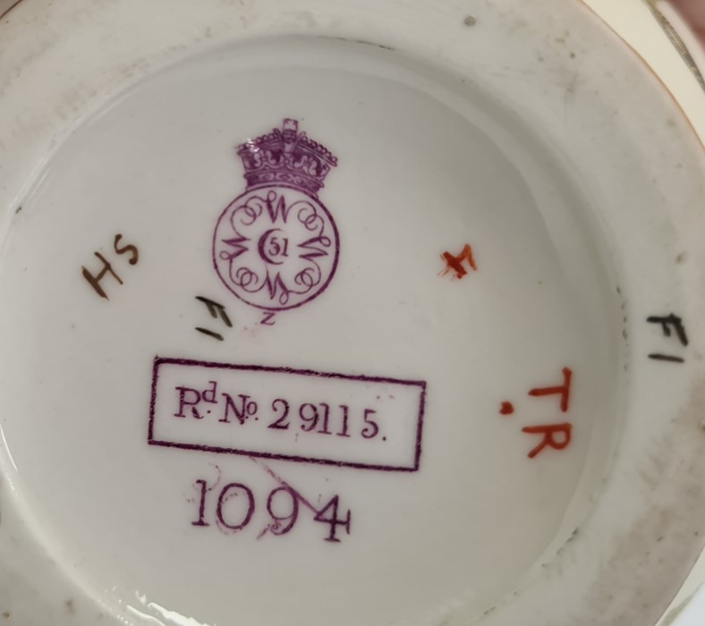 Royal Worcester ivory ground jug, printed puce marks, shape number 1094, date code for 1888, painted - Image 2 of 2