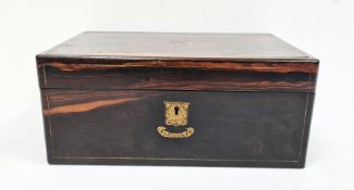 19th century coromandel writing slope with brass plaque to lid bearing inscription and dated 1881,