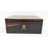 19th century coromandel writing slope with brass plaque to lid bearing inscription and dated 1881,