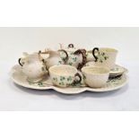 Belleek porcelain cabinet set comprising lobed oval tray, teapot with branch-pattern bifocated