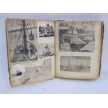 Scrap album of shipping newspaper cuttings, cigarette cards, etc, a postcard album containing