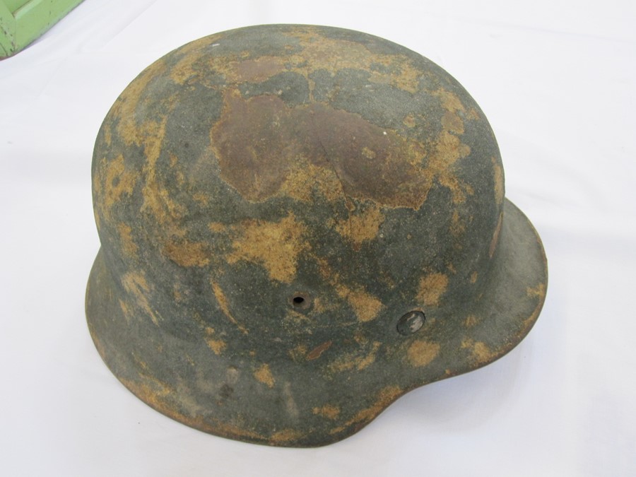 WW2 German Helmet with original paint and leather liner, WW2 German gas mask case and WW2 shell case - Image 2 of 4