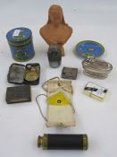 Michellin Flora gauge, Heliagraphic mirror, small brass microscope, cigarette lighters, miniature