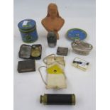 Michellin Flora gauge, Heliagraphic mirror, small brass microscope, cigarette lighters, miniature