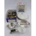 Box of shipping line items including table lighter with enamel flag 'The Blue Funnel Line', belt