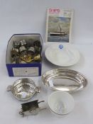 Box of shipping line items including table lighter with enamel flag 'The Blue Funnel Line', belt