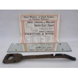 British Rail carriage mirror with the insignia, 18cm x 72cm, a wooden spade handle marked 'SR 1946',