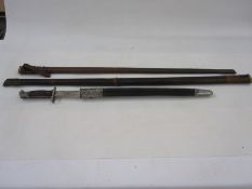 WW1 Sanderson Bayonet with leather scabbard and two single leather scabbards (one damaged) (3)