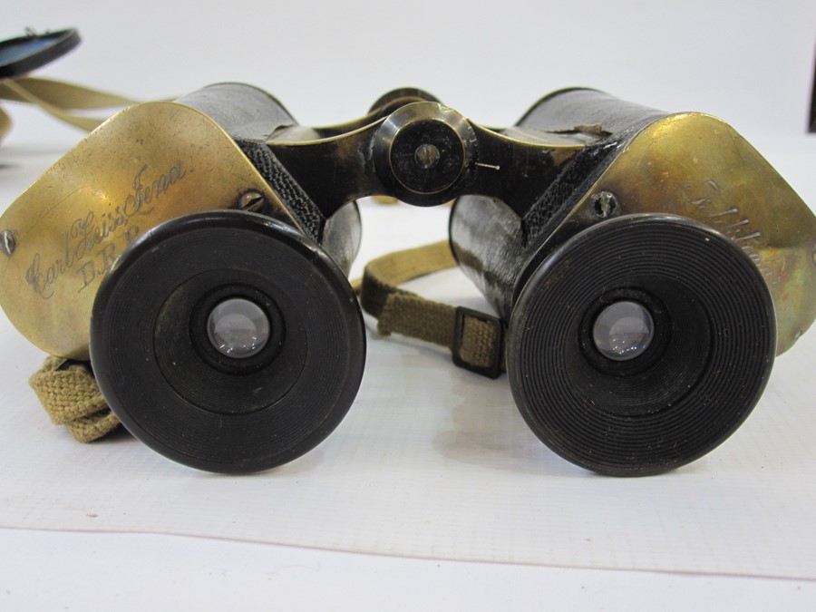 Pair Ross binoculars, pair brass and leather-mounted Carl Zeiss Jena D.R.P. binoculars engraved ' - Image 2 of 2