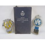 Metal and enamel AA badge, No.6 B82006, plastic and metal RAC badge and RAC 1958 guide and