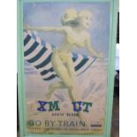 Large poster within a green painted wooden frame, for XMOUT(H) South Devon Go By Train, brochure
