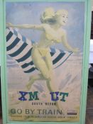 Large poster within a green painted wooden frame, for XMOUT(H) South Devon Go By Train, brochure