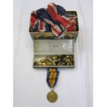 Quantity brass military buttons, Naval, length of Union Jack bunting and a 1914-19 Victory medal