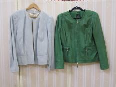 Green leather Madeleine zipped blouson jacket, saddle stitch detailing and a pale blue suede face to