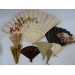 A bone and silk painted fan, the silk painted with autumn leaves and butterfly, another bone and