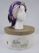 Vintage Christian Dior silk scarf turban hat in purple and cream, with a Peter Jones cardboard hat