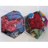 Large quantity of various silk and wool scarves, pashminas, etc (2 hat boxes) Condition ReportNone