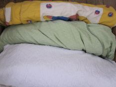 Two white cotton, raised pattern,  Jonelle single bedspreads and a green and white dotted fitted