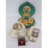 Vintage musical manicure set with ballerina (damaged), wedding souvenirs in a tin, cufflinks, bone