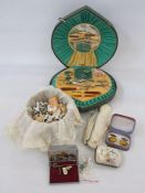 Vintage musical manicure set with ballerina (damaged), wedding souvenirs in a tin, cufflinks, bone