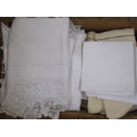 Large quantity of table linen including damask, drawn and thread tablecloths, crochet table mats,
