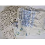 Large crocheted bedspread/tablecloth with two printed cotton tablecloths (1 box)