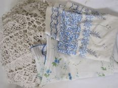 Large crocheted bedspread/tablecloth with two printed cotton tablecloths (1 box)